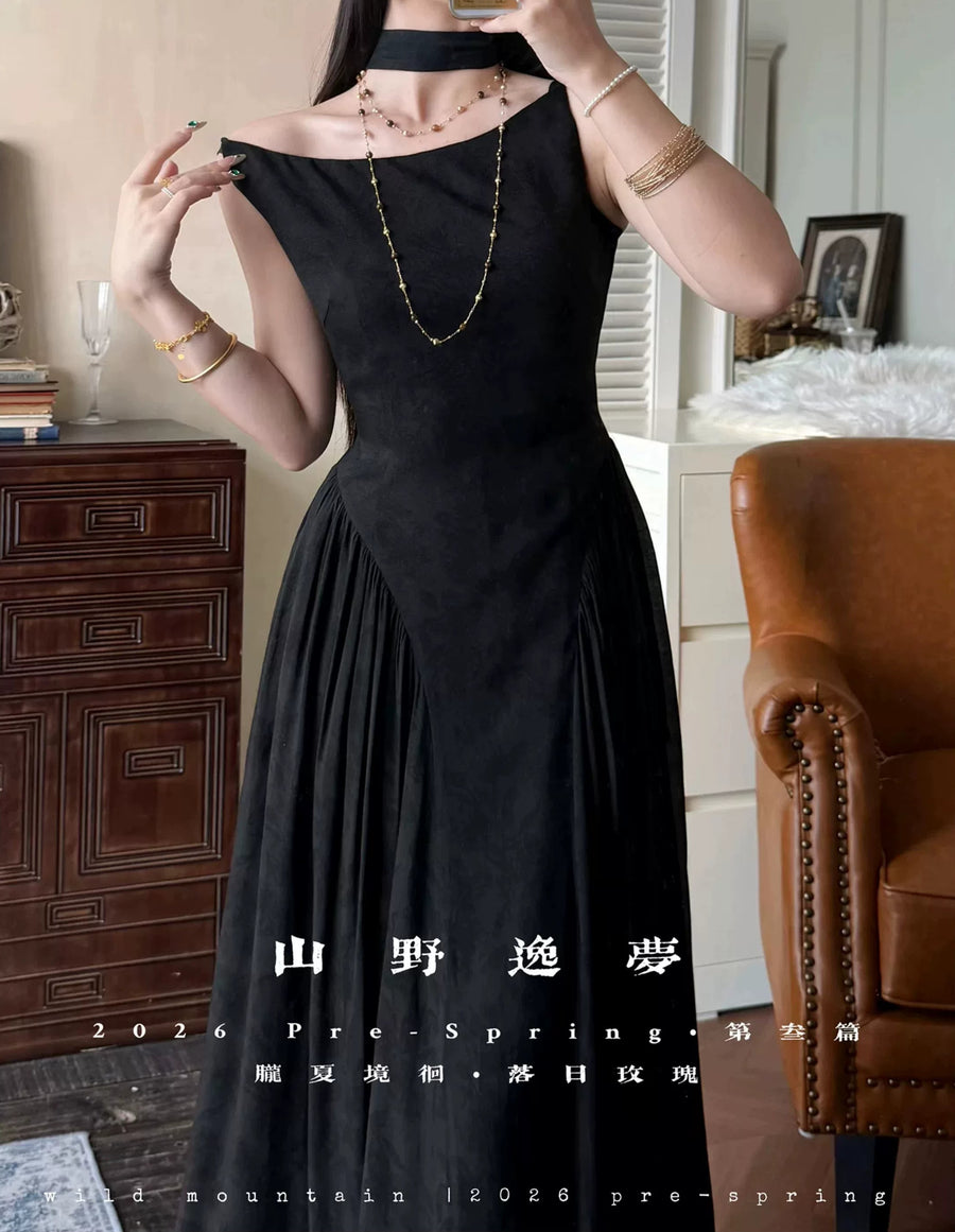 Huanghun Meigui 黄昏玫瑰 Dawn Rose New Chinese Style Sleeveless Vintage Boat Neck Flared Dress
