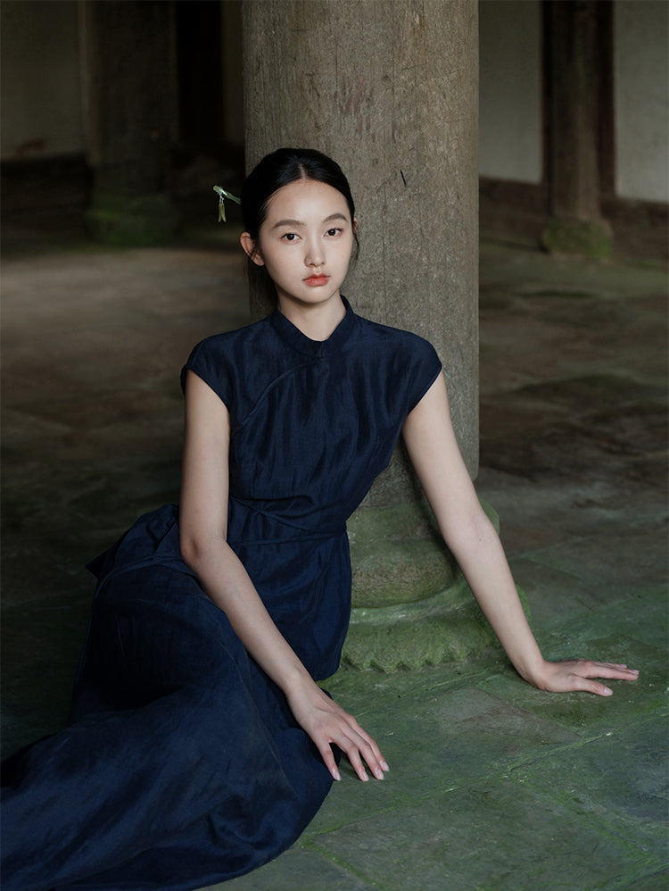 Lan Su 蓝溯 Tracing Blue New Chinese Style Summer Tencel Linen Qipao Top & Skirt Set