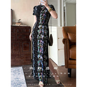 Hua Jiandao 花间道 Path Among the Flowers Modernized Sleeveless Striped Floral Qipao
