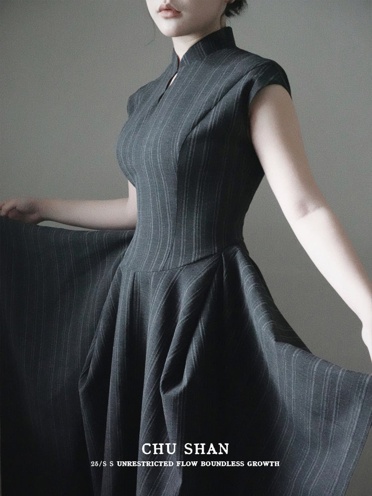 Wednesday 星期三 New Chinese Style Pinstripe Square Skirt Victorian Qipao Dress