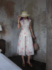 Coconut Grove 满幅椰林 New Chinese Style Embroidered Flamingo Qipao Top & Midi Skirt Set