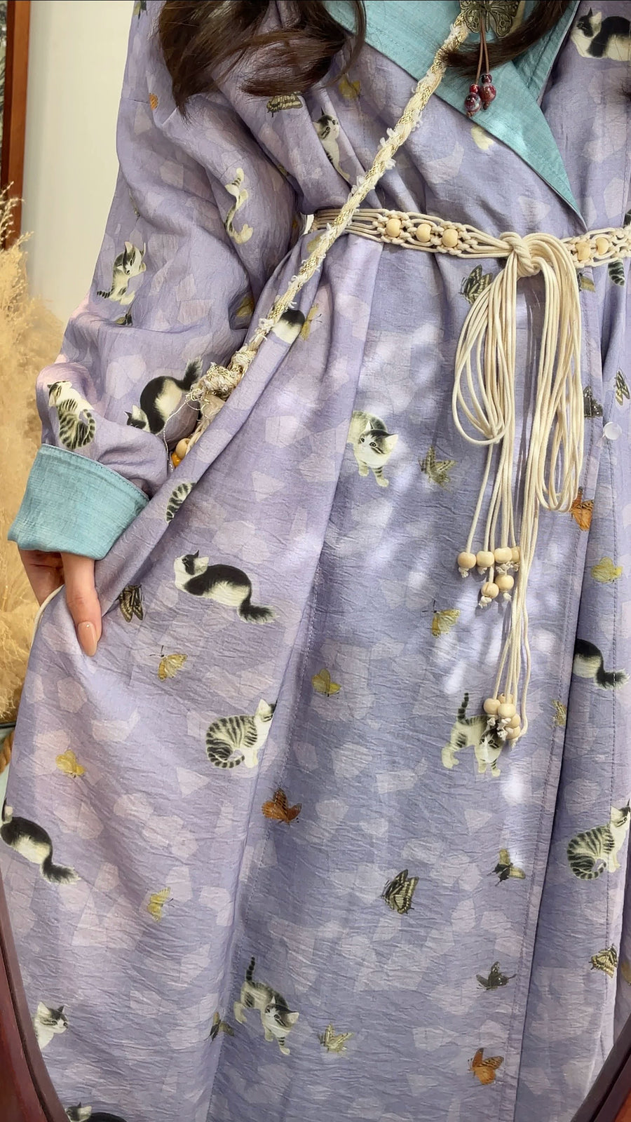 Maomao 猫猫 Kitten Modernized Tang Dynasty Cat Print Yuanlingpao Round Collar Robe