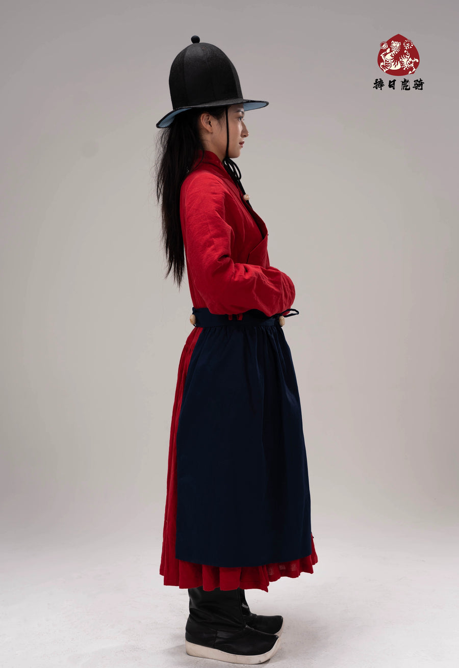 Zhan Qun 战裙 Soldier's Overskirt Ming Dynasty Restoration Cotton Tieli & Hat Set