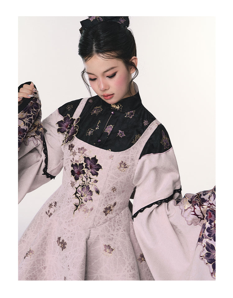 Bouquet in the Mirror 镜中花 Modern Ming Neo Chinese Liling Standing Collar Top & Flared Dress Set