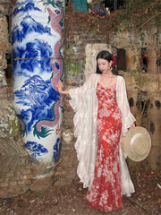 Tumi 荼靡 Bitter Herb New Chinese Style Summer Mermaid Floral Dress & Lace Cardigan Set