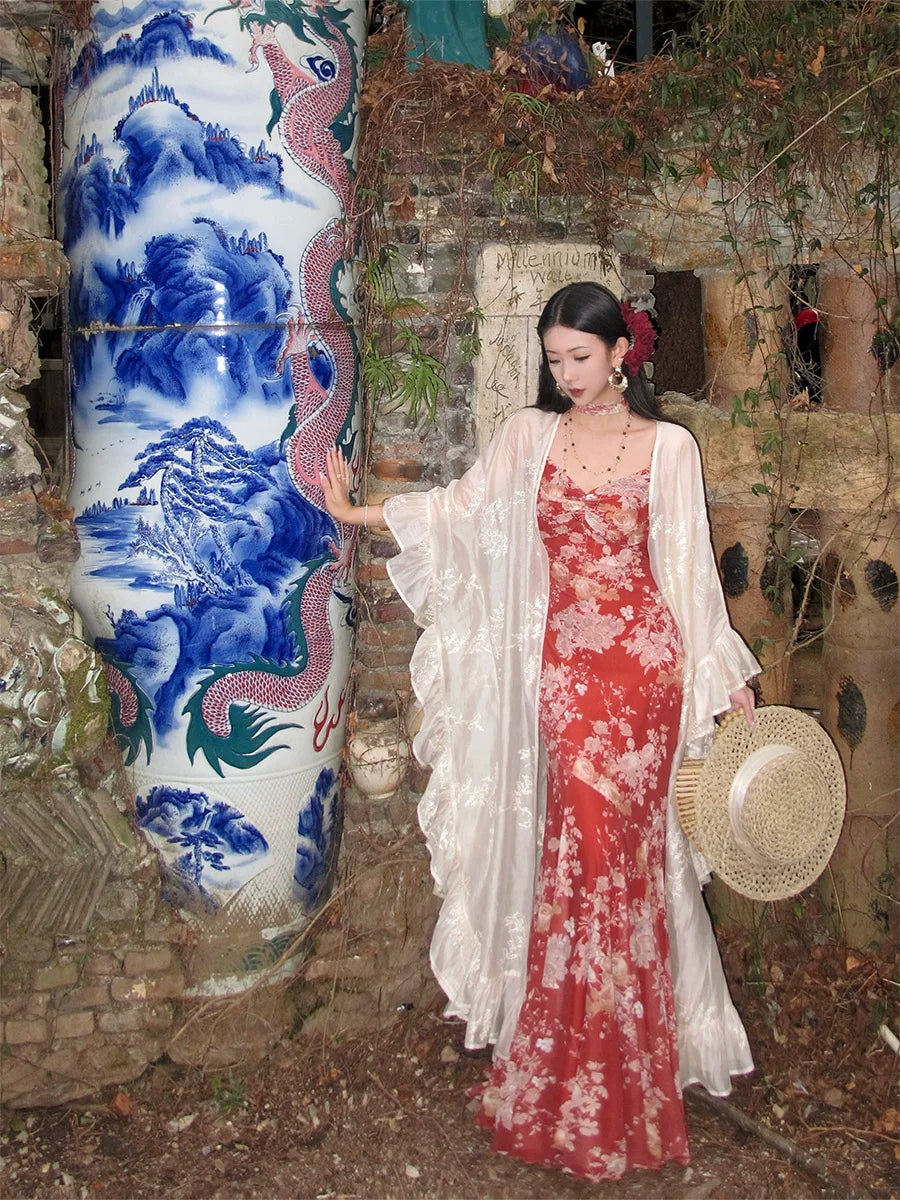 Tumi 荼靡 Bitter Herb New Chinese Style Summer Mermaid Floral Dress & Lace Cardigan Set