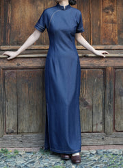 Shuo Ye 朔夜 New Moon Night Modernized Cotton Denim Short Sleeve Qipao