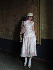 Coconut Grove 满幅椰林 New Chinese Style Embroidered Flamingo Qipao Top & Midi Skirt Set