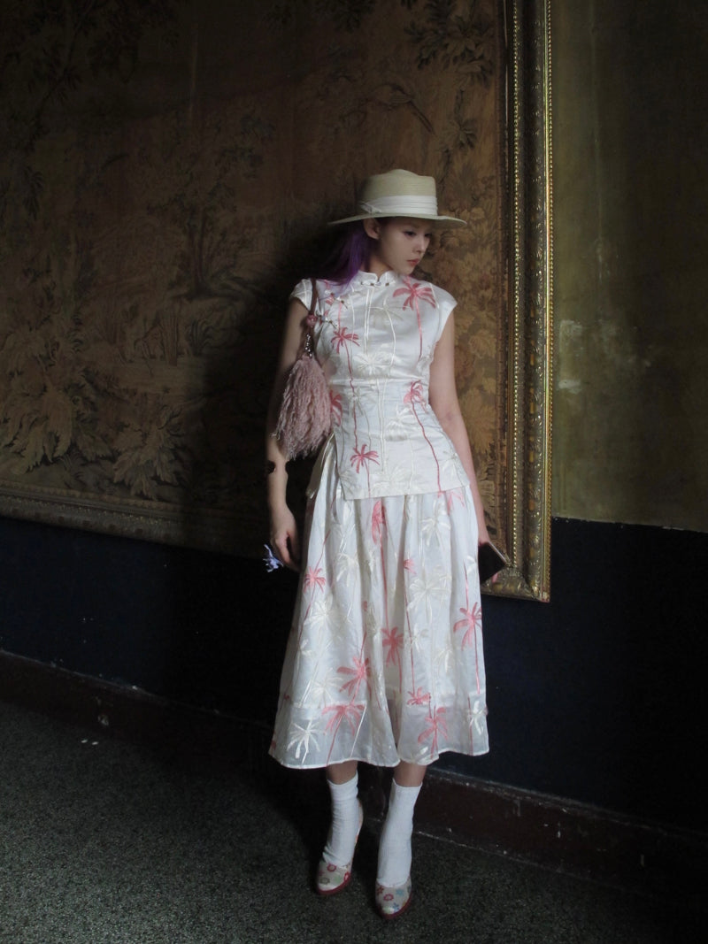 Coconut Grove 满幅椰林 New Chinese Style Embroidered Flamingo Qipao Top & Midi Skirt Set