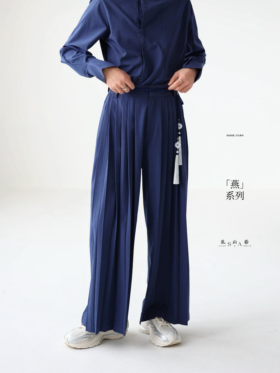 Lan Yan 蓝燕 Blue Songbird Men's New Chinese Style Multi-Pleated Trousers