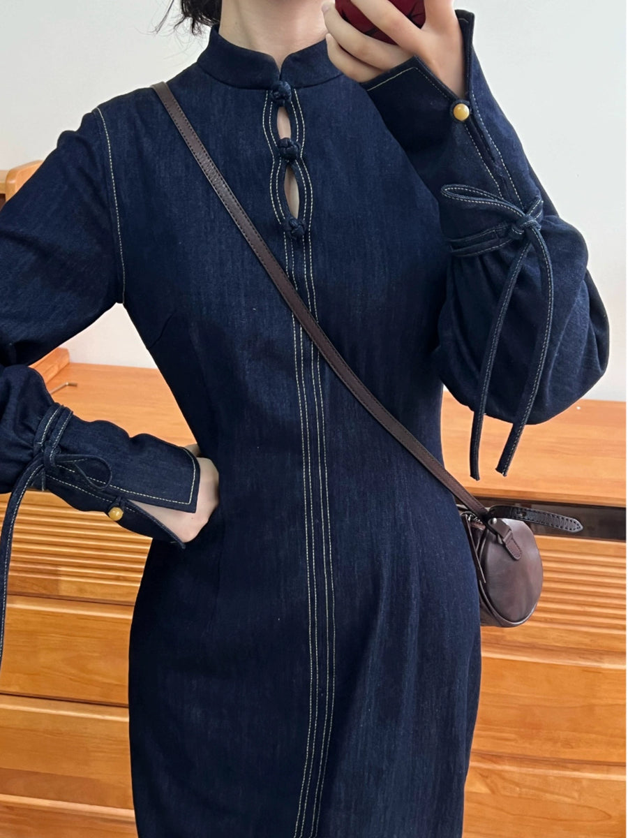 Lan Diao 蓝调 Everyday Blues Modernized Cotton Denim Long Sleeve Qipao