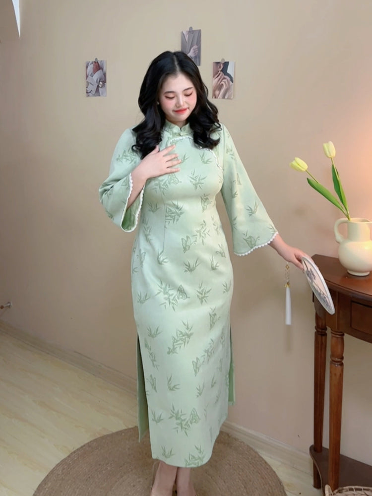 Ye Ruo 叶若 Fresh Bamboo Shoots 1920s Inspired Plus Size Scallop Sleeve Qipao