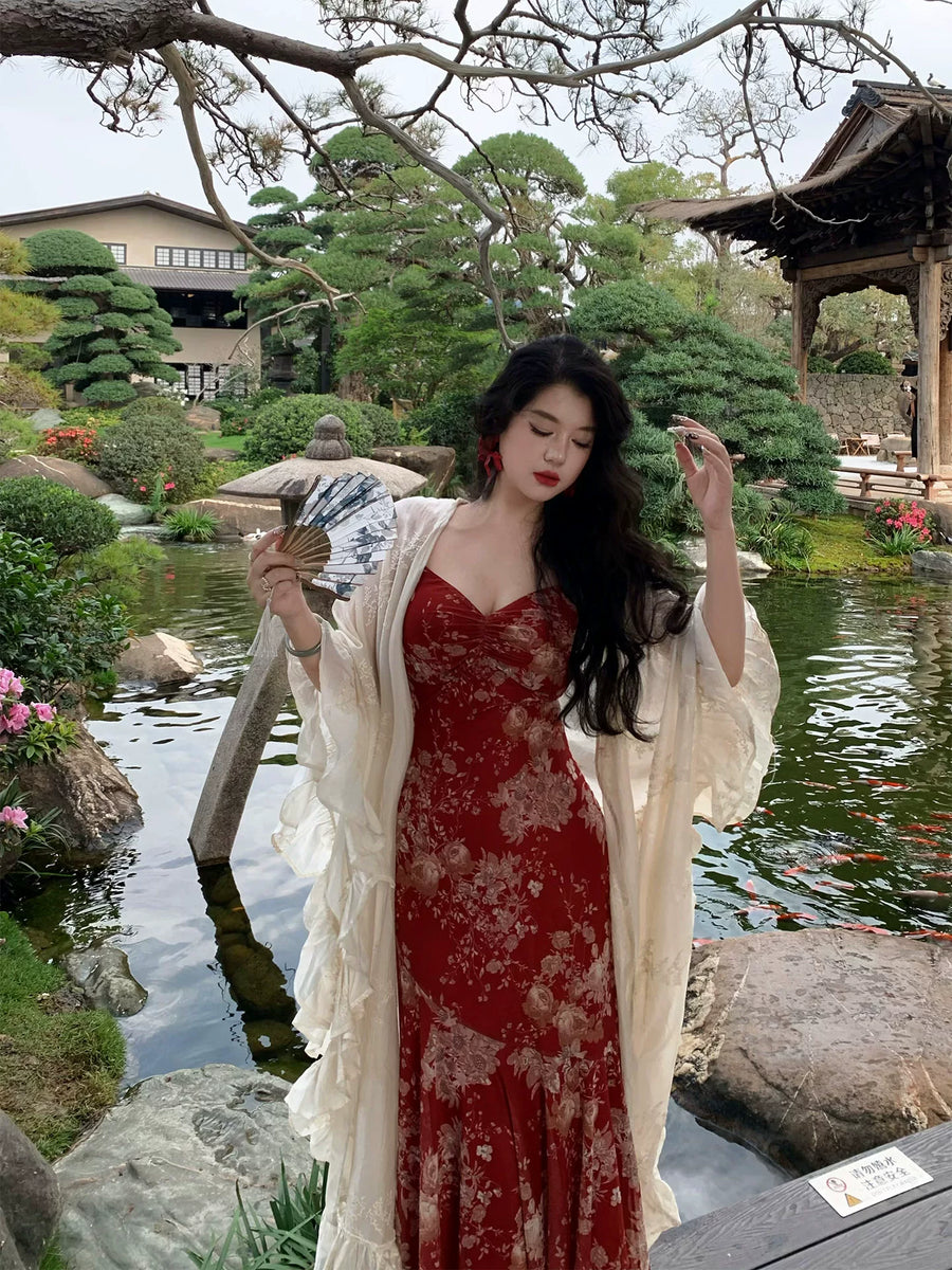 Tumi 荼靡 Bitter Herb New Chinese Style Summer Mermaid Floral Dress & Lace Cardigan Set