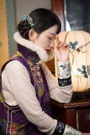 Moli Nuanyu 墨篱暖玉 Black Glass, Warm Jade Qing & Qipao Silk Embroidered Cuff Cable Knit Sweater