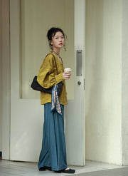 Jixin 鸡心 Chicken Heart Modernized Tang Song Tencel Denim Trousers & Tanling Scoop Shirt Set