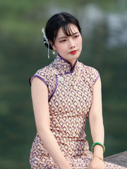 Hai Tang 海棠 Begonia Republic of China Geometric Print Pure Cotton Cap Sleeve Qipao