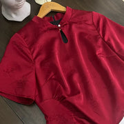 Hong Zhuang 红妆 Red Makeup Plus Size New Chinese Style Ruched Satin Qipao