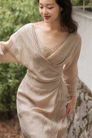 Peach Blossom with a Human Face 人面桃花 New Chinese Style Pure Ramie Wrap Dress