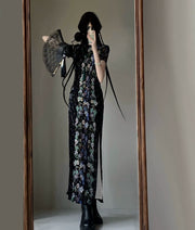 Hua Jiandao 花间道 Path Among the Flowers Modernized Sleeveless Striped Floral Qipao