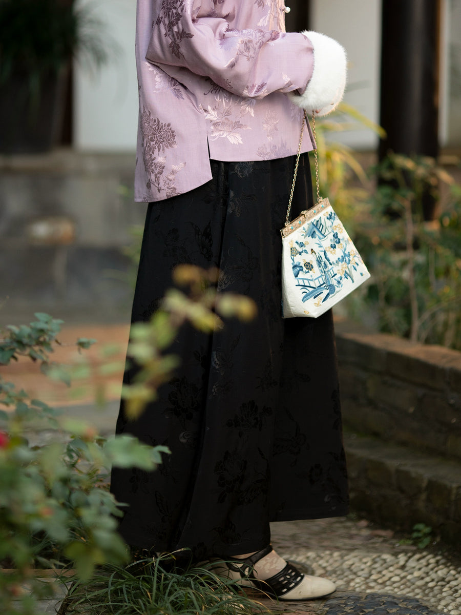 Mohua Yin 墨花隐 Inked Flower Republic of China Floral Jacquard Winter Quilt Lined Midi Skirt