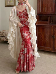 Tumi 荼靡 Bitter Herb New Chinese Style Summer Mermaid Floral Dress & Lace Cardigan Set