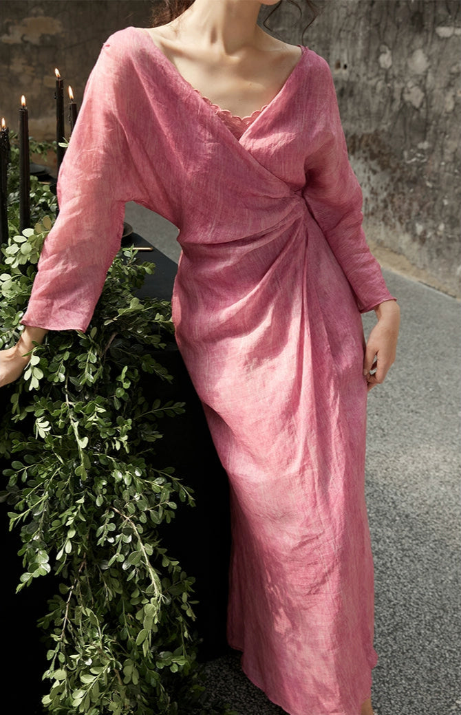 Peach Blossom with a Human Face 人面桃花 New Chinese Style Pure Ramie Wrap Dress