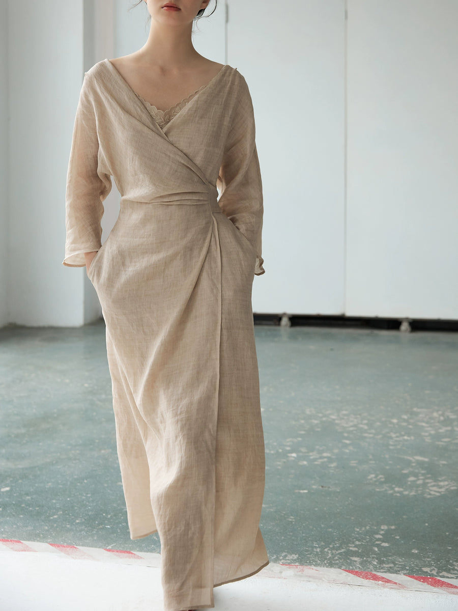 Peach Blossom with a Human Face 人面桃花 New Chinese Style Pure Ramie Wrap Dress