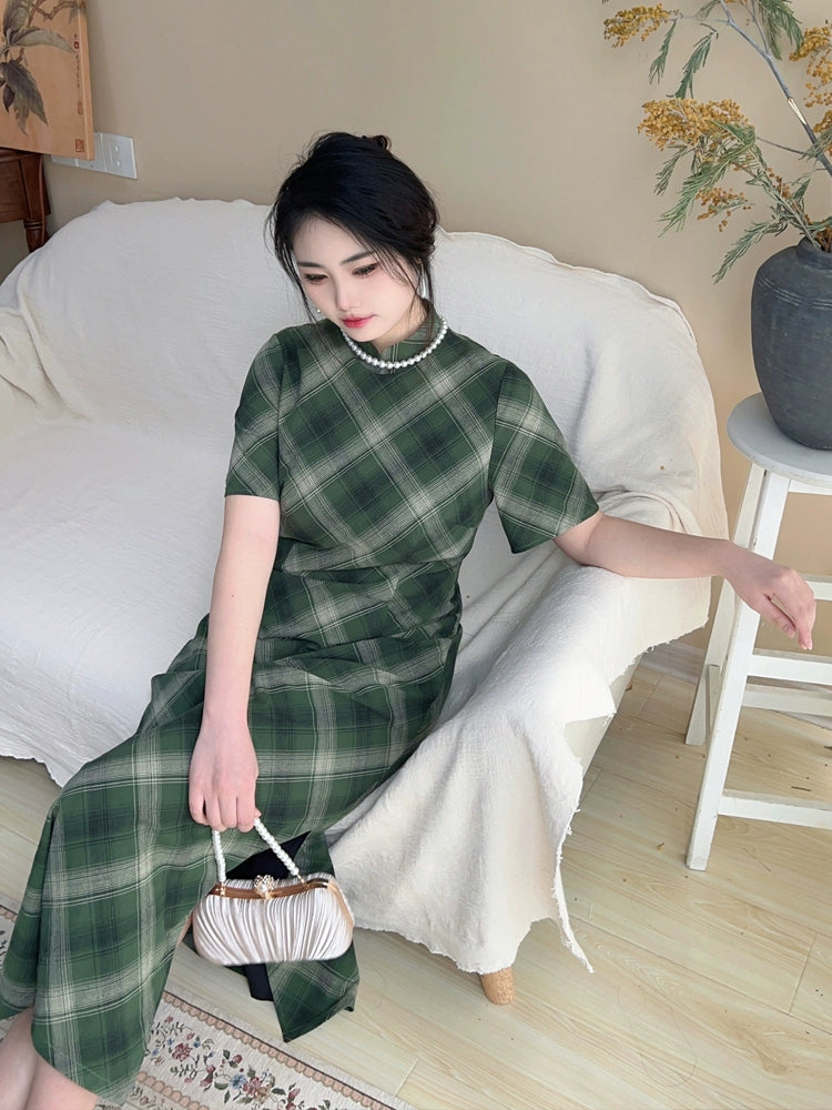 Gezi 格子 Plaid Plus Size 1930s Inspired Cotton Short Sleeve Qipao