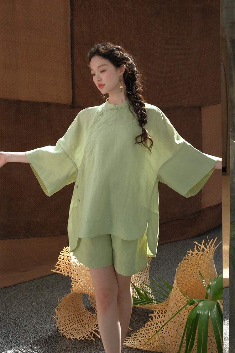 Bei Ke 贝壳 Seashells New Chinese Style Summer Ramie Qipao Top & Skirt Set