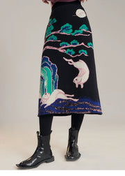 Xi Nao 嬉闹 Frolicking Rabbits New Chinese Style Knit Midi Skirt