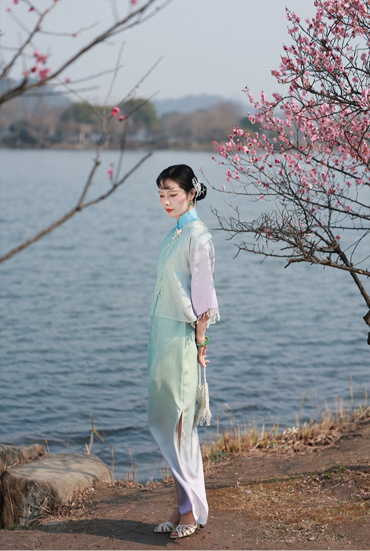 Ni 霓 Neon 1930s Gradient Leaf Jacquard Cap Sleeve Qipao