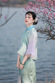Ni 霓 Neon 1930s Gradient Leaf Jacquard Cap Sleeve Qipao