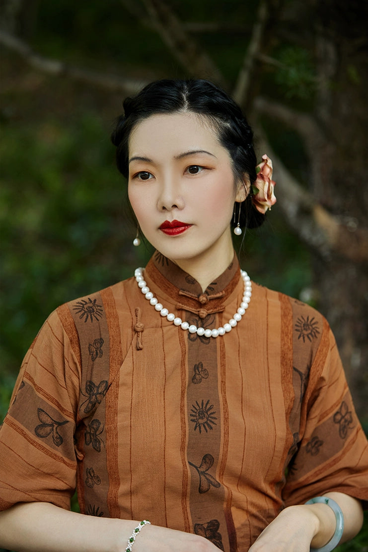 Yin Xin 银杏 Gingko Leaf 1920s Cotton Linen Bell Sleeve Qipao