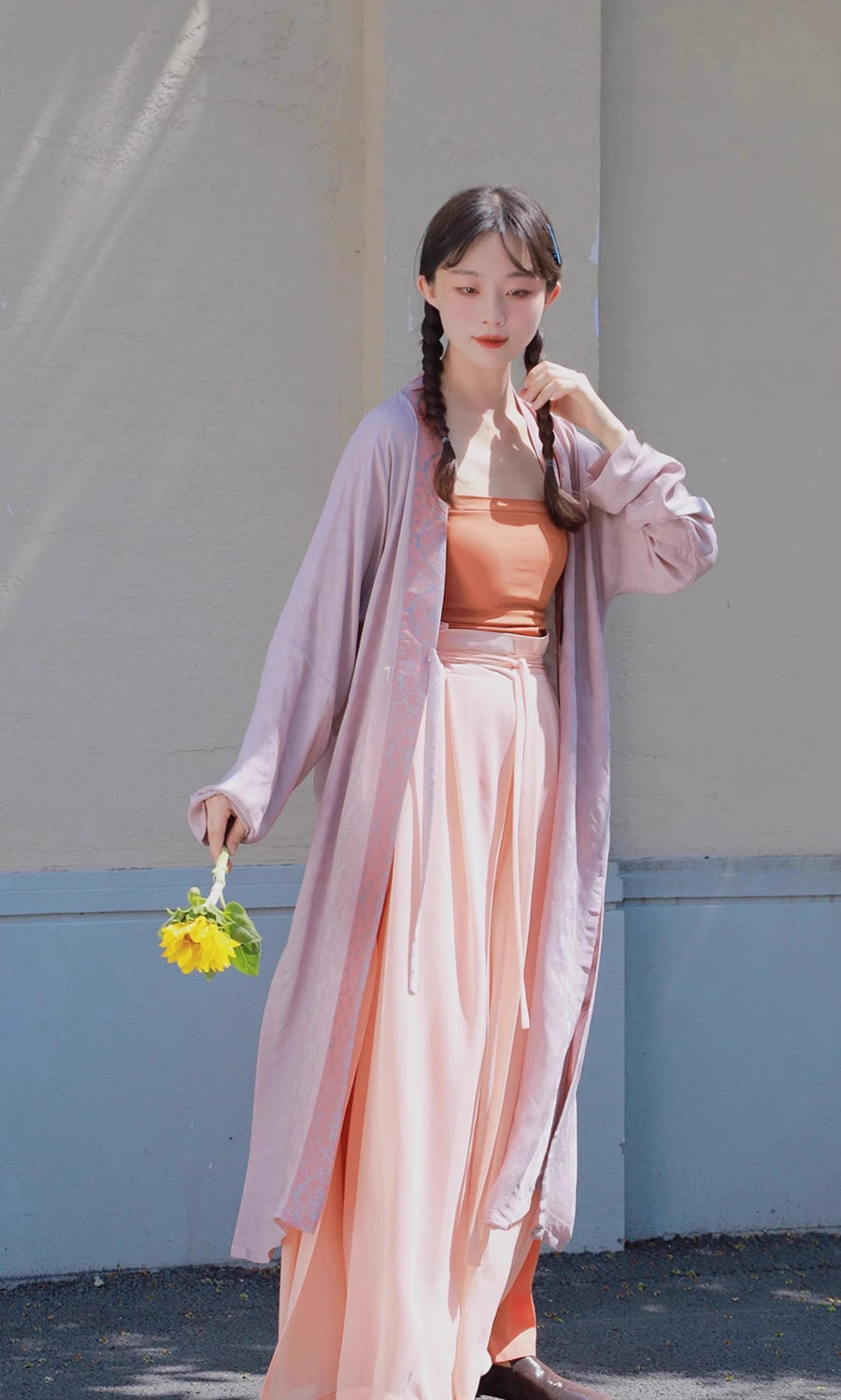 Jüzi Qishui 橘子汽水 Orange Soda Modernized Song Dynasty Beizi & Double Layered Trousers Set