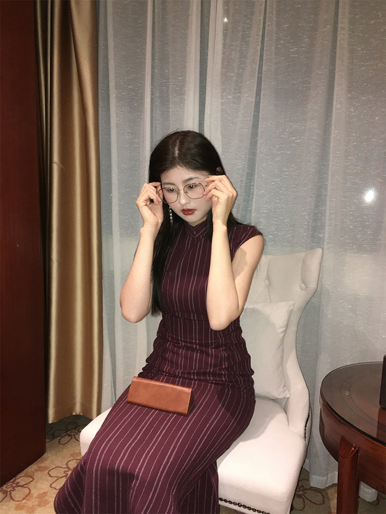 Jin Ling 金陵 Golden Hill Republic of China Maroon Stripe Pure Cotton Sleeveless Qipao