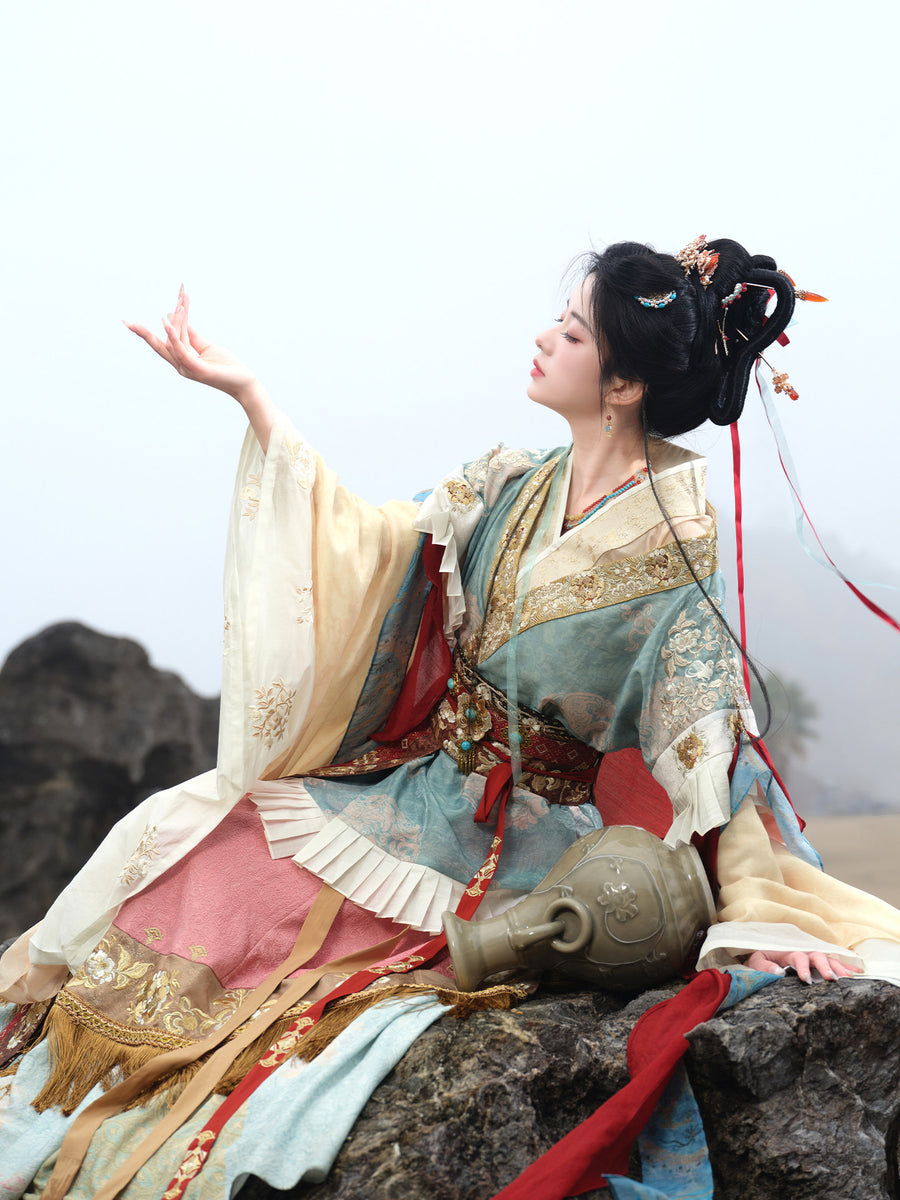 Qingluan Baoping 青鸾宝瓶 Azure Phoenix Fantasy WeiJin Dynasty Daxiushan Long Sleeve Top & Poqun Skirt Full Set