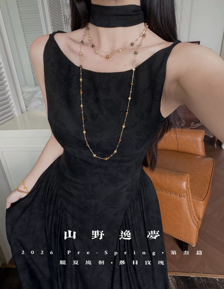 Huanghun Meigui 黄昏玫瑰 Dawn Rose New Chinese Style Sleeveless Vintage Boat Neck Flared Dress