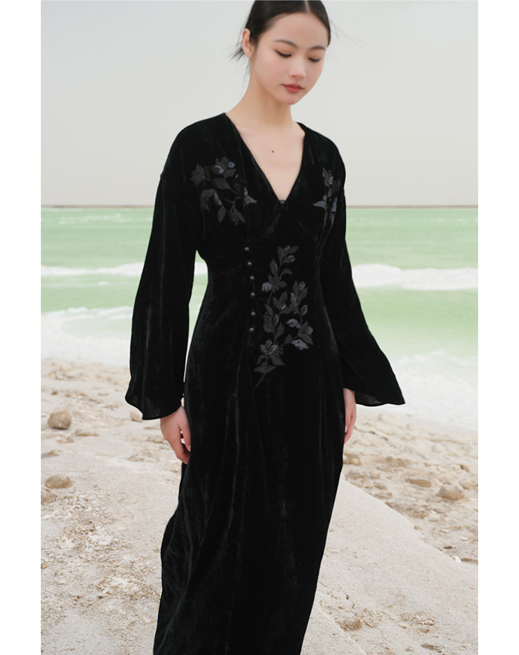 Ci Xiu 刺绣 Osmanthus Embroidery New Chinese Style Velvet Midi Dress