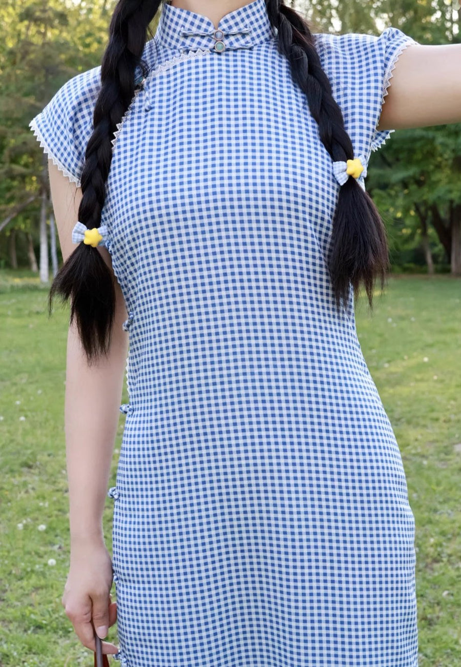 Bing Lan 冰蓝 Icy Blue 1930s Gingham & Lace Cap Sleeve Qipao