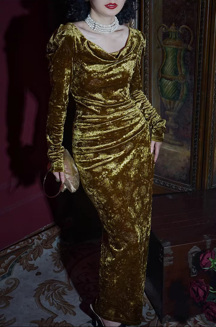 Liu Guang 鎏光 Flowing Light New Chinese Style Velvet Long Sleeve Dress