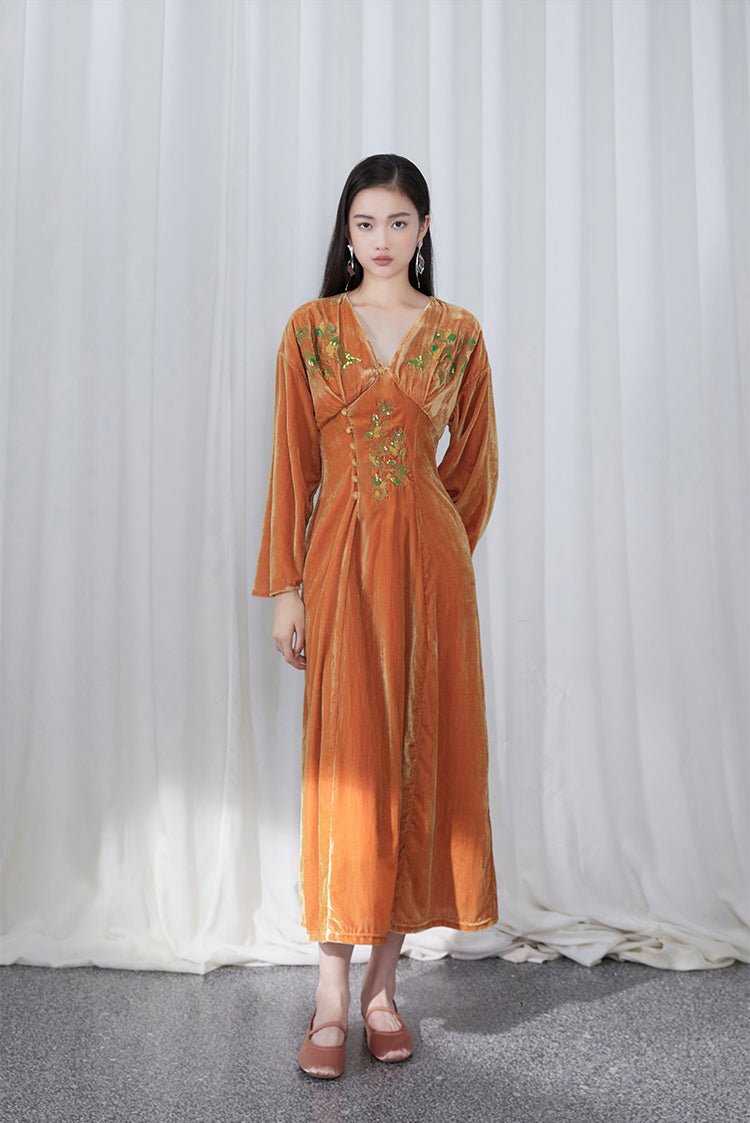 Ci Xiu 刺绣 Osmanthus Embroidery New Chinese Style Velvet Midi Dress