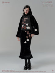 Kongshan Xungui 空山寻桂 Seeking Osmanthus Modern Embroidered Rabbit Long Sleeve Qipao & Fur Bijia Vest Set