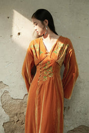 Ci Xiu 刺绣 Osmanthus Embroidery New Chinese Style Velvet Midi Dress