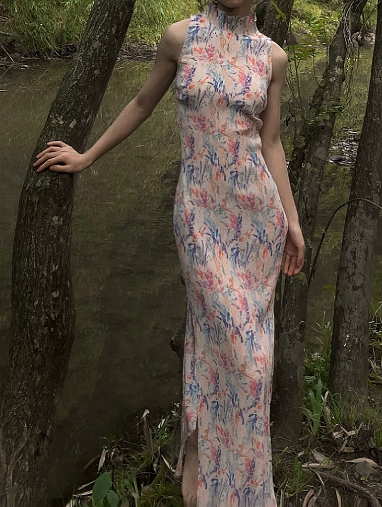 Ning Zhe 凝褶 Frozen Pleats Modernized Floral Accordion Pleat Sleeveless Qipao