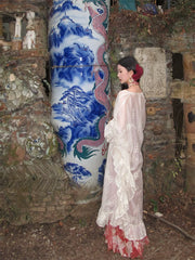 Tumi 荼靡 Bitter Herb New Chinese Style Summer Mermaid Floral Dress & Lace Cardigan Set