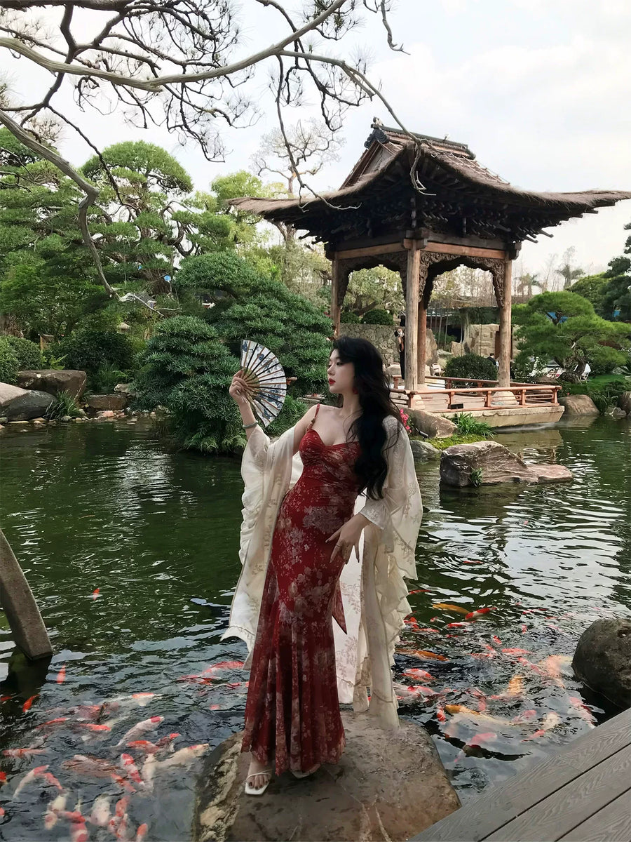 Tumi 荼靡 Bitter Herb New Chinese Style Summer Mermaid Floral Dress & Lace Cardigan Set