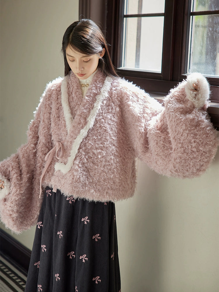 Bai Fu 百福 Hundred Wishes Modern Wei Ming Fur Cross Collar Coat & Velvet Poqun Skirt Set