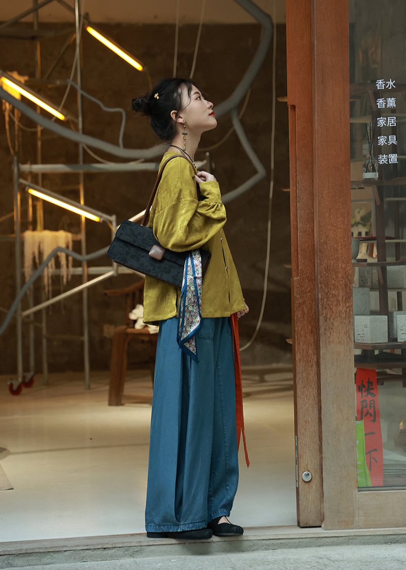 Jixin 鸡心 Chicken Heart Modernized Tang Song Tencel Denim Trousers & Tanling Scoop Shirt Set