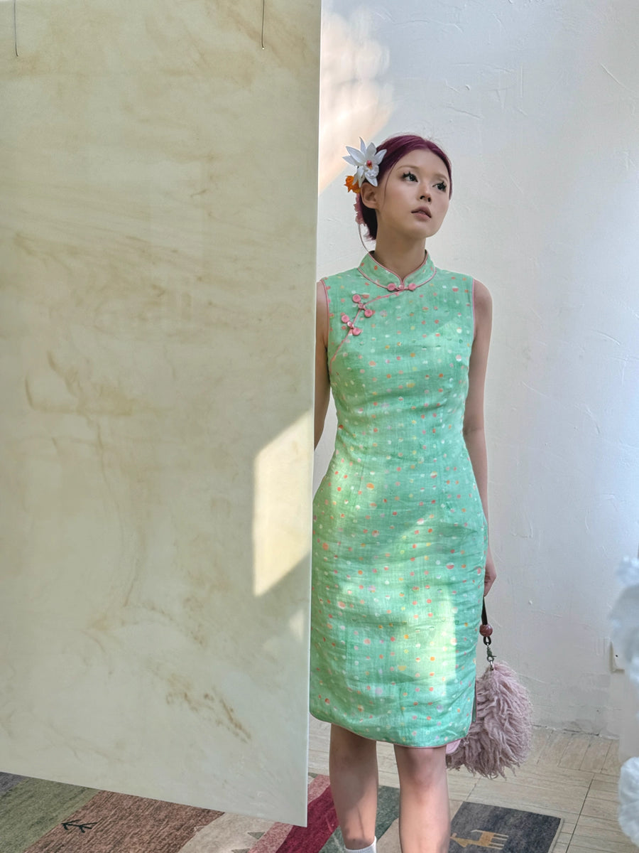 Xin Xian 新鲜 Fresh Greens New Chinese Style Pure Ramie Midi Sleeveless Qipao