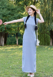 Bing Lan 冰蓝 Icy Blue 1930s Gingham & Lace Cap Sleeve Qipao